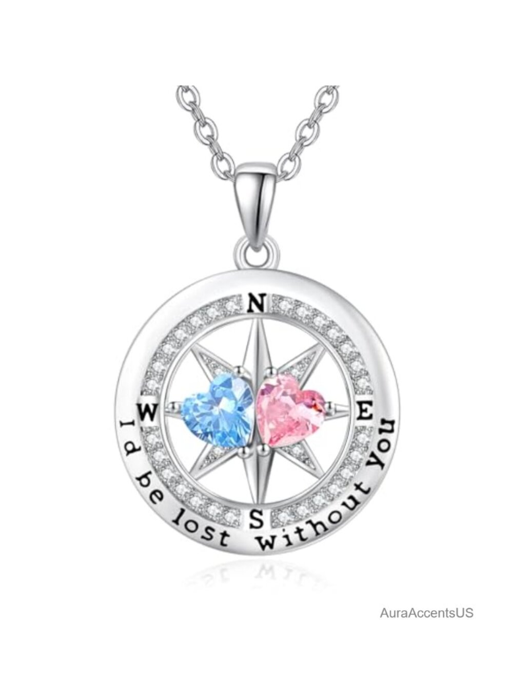 Compass Birthstone Pendant Necklace White Gold Plated 18+2" Gift for Wife Her